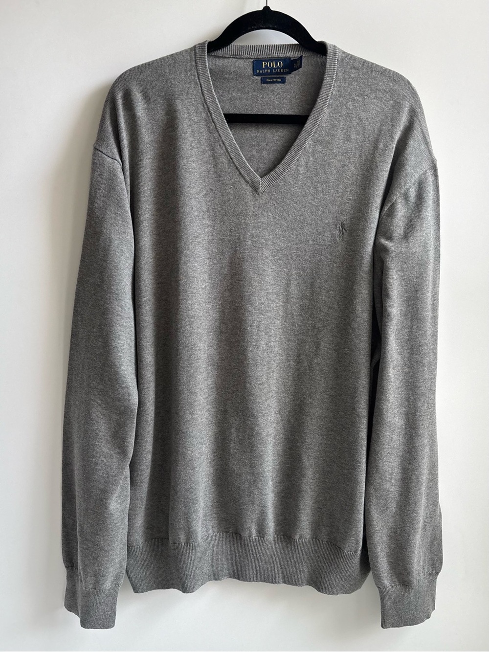 Polo by Ralph Lauren Heather Gray V-Neck Sweater Pull Over Pima Cotton Size XL